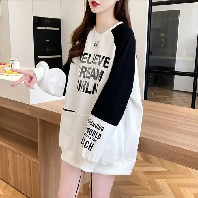 Loose Spliced Pockets Printed Letter T-Shirt Female Clothing Autumn New Casual Pullovers Korean Tee Shirt Stylish