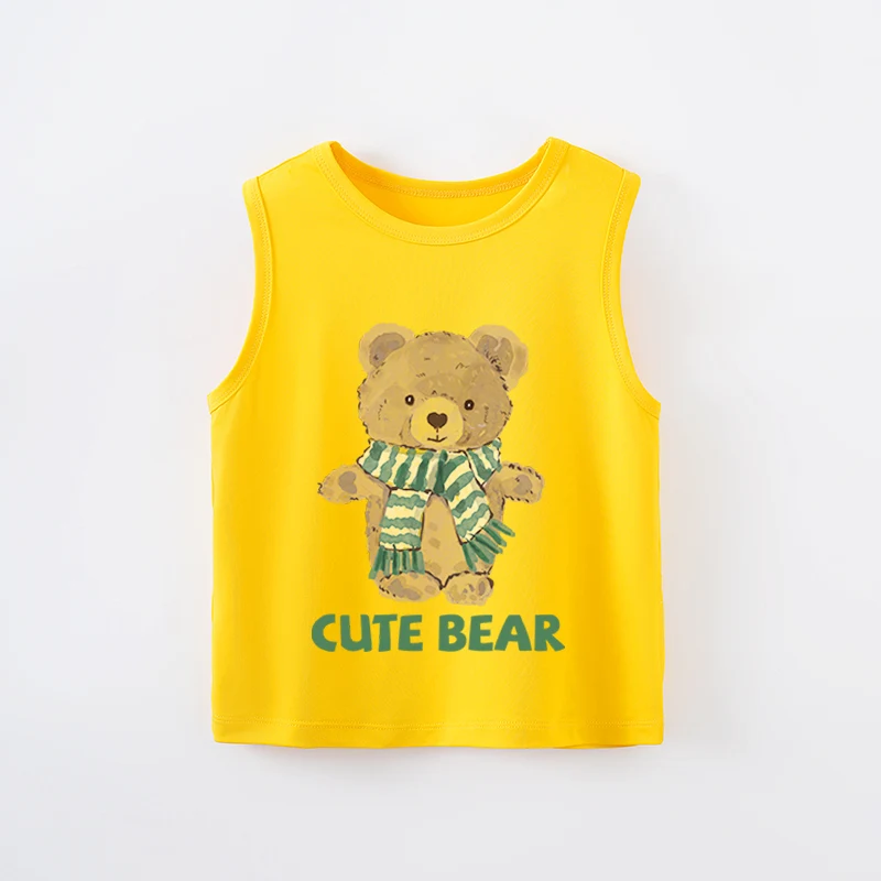 Summer Children's Clothing Boys And Girls Cute Cartoon Bear Comfortable Baby Round Neck Sleeveless T-Shirt Yellow Top