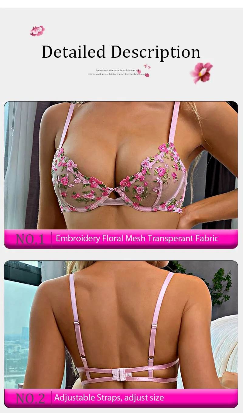 Ensemble sous-vêtements, 2 pièces soutien-gorge et culotte en dentelle femmes broderie florale rose transparent