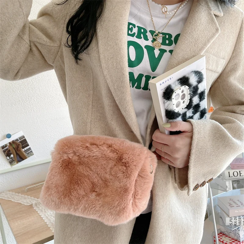 Soft Fluffy Fur Crossbody Bag Rex Rabbit Leather Waist Pack For Women With Adjustable Belt Embellished Leather Waist Pack