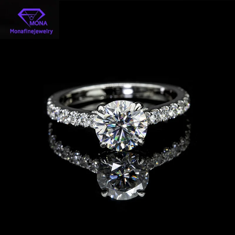 

Fancy Jewelry 5.2mm 14K White Gold 4 Claw Prongs Round Moissanite Ring Set Anniversary Wedding Diamond Band