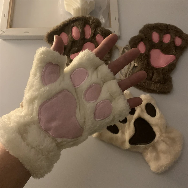 

Fashion Girls Lovely Cat Claw Paw Plush Mittens Warm Soft Plush Short Fingerless women Leisure Bear Cat Gloves Half Finger Gifts