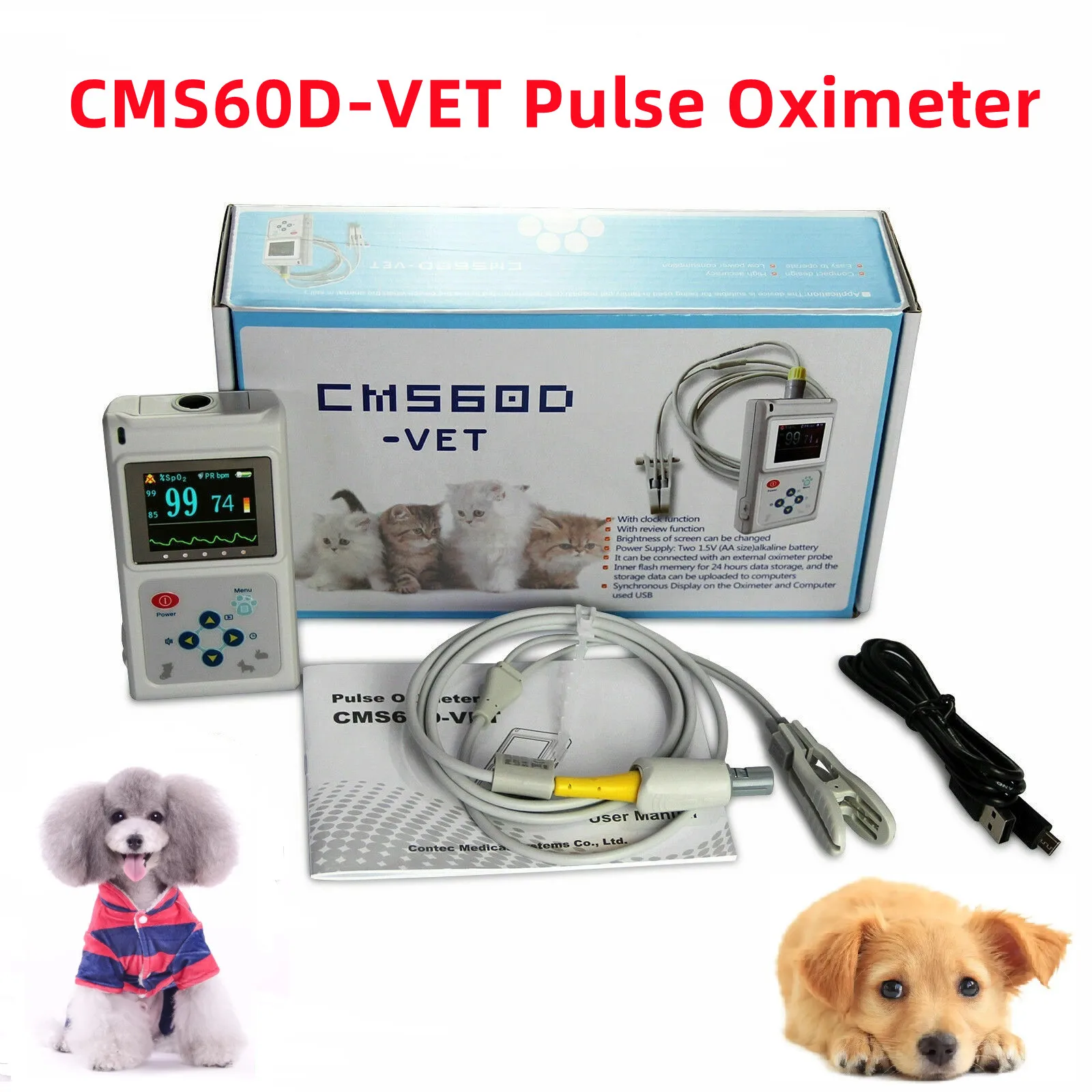 

CONTEC CMS60D-VET Veterinary pulse oximeter PR animal tongue ear spo2 probe+software