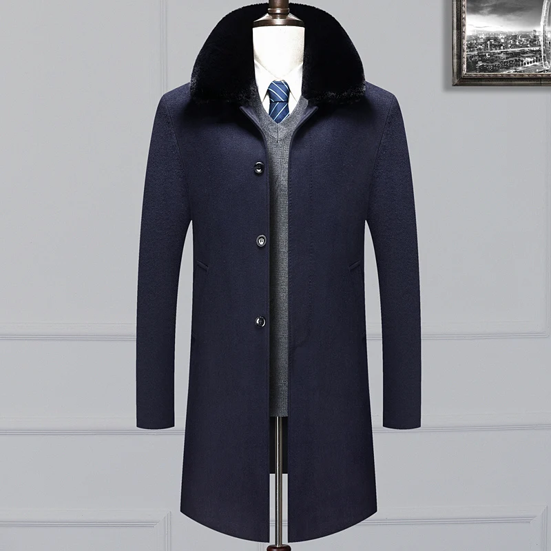 

New Men's Fashion Business Korean Elegant Gentleman British Style Plus Fleece Slim Casual Wool Wool Medium Long Trench Coat