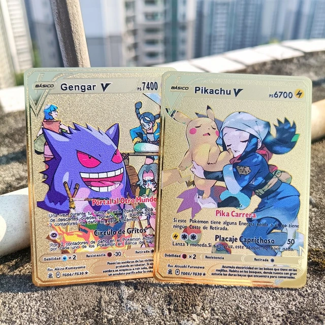 7000 HP Metal Pokemon Cards Spanish Letters Golden Iron GX EX Shiny Pokémon  Mewtwo Gengar Charizard Eevee Pikachu Children Toys - AliExpress