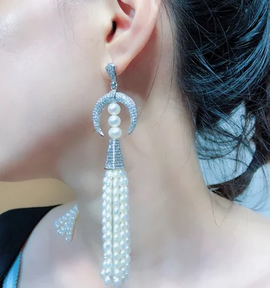 Hot sell European American styles natural white freshwater pearl micro inlay zircon Moon earrings fashion jewelry