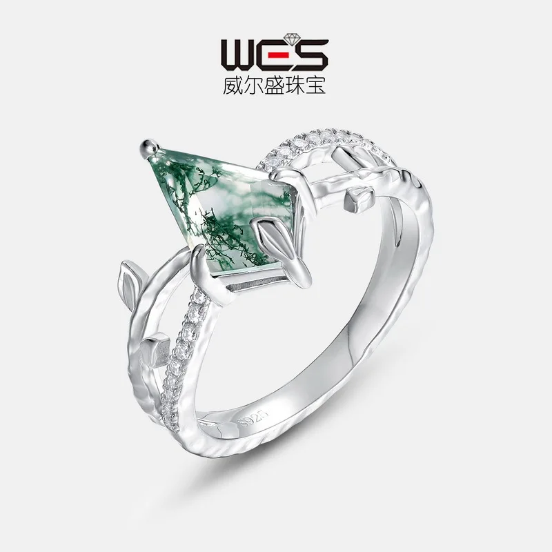 

New Natural Geometry Water Grass Agate Ring for Women S925 Silver Inlaid Green Moss Stone Finger Ring