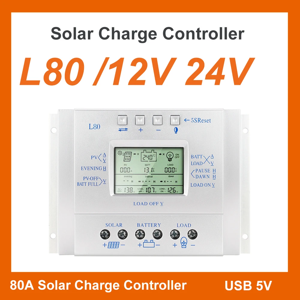 Y-Solar 80A Regolatore Di Carica Solare 12V 24V Regolatore Solare 80A Per Ingresso Max 48V Con Luce E Controllo Timer Uscita Usb 5V