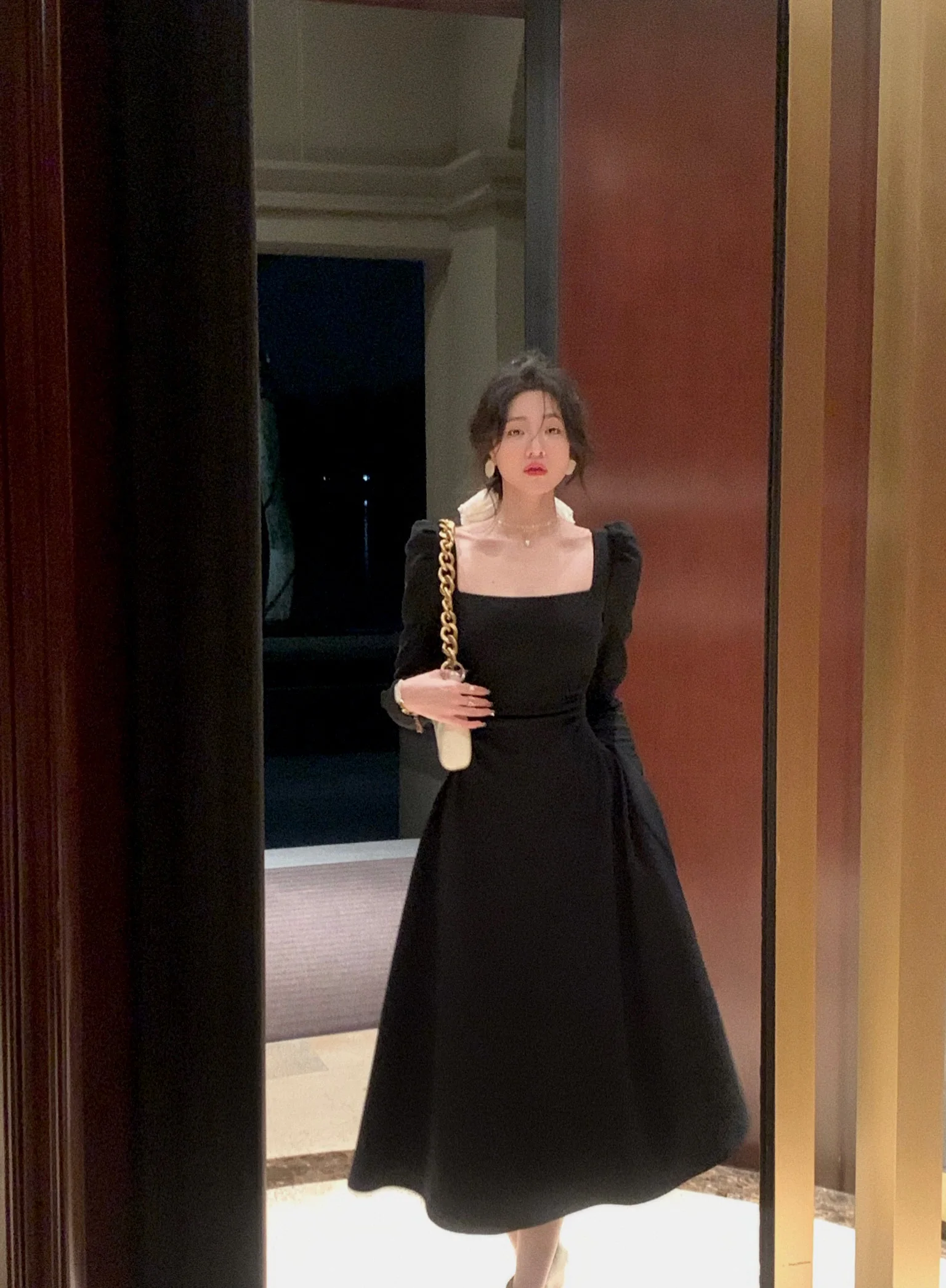 Spring New Elegant Square Collar Midi Party Dresses for Women Long Sleeve Black White Slim Vestidos Female High Waist Clothes