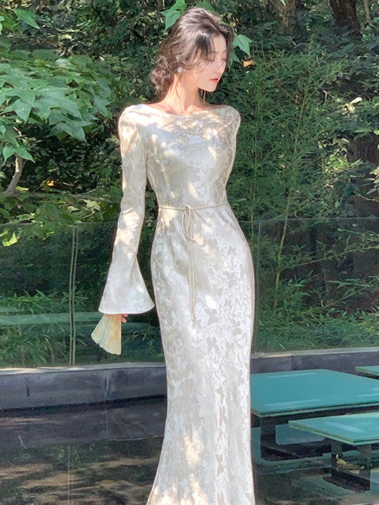 French Vintage Bodycon Evening Dresses for Women Autumn Wedding Prom Robe Flare Sleeve Swinging Collar Midi Vestidos Mujer New