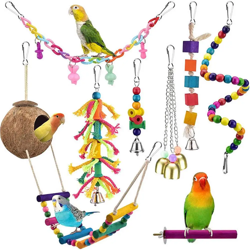 8pcs Pet Parrot Wooden Chewing Toys Hanging Swing Climbing Ladder Cage
