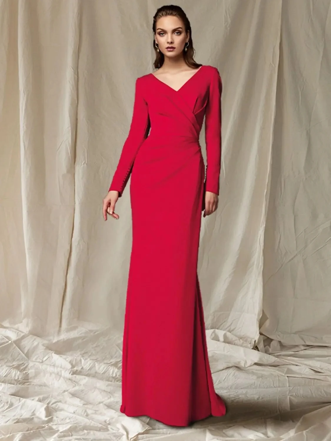 

Red Satin Modest Dresses For Women Long Summer Formal Occasion Dress V-Neck Full Sleeves with Buttons dubai Evening Dress