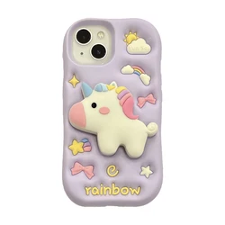 3D Cartoon Rainbow Unicorn Soft Silicone Case with Stand Holder - iPhone 16 (Purple)