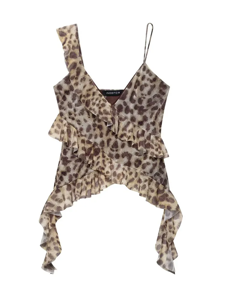 HH Women Fashion Ruffles Leopard Tank Tops Summer Asymmetric Thin Tulle Camisole Sexy Lady V Neck Backless Sling Top