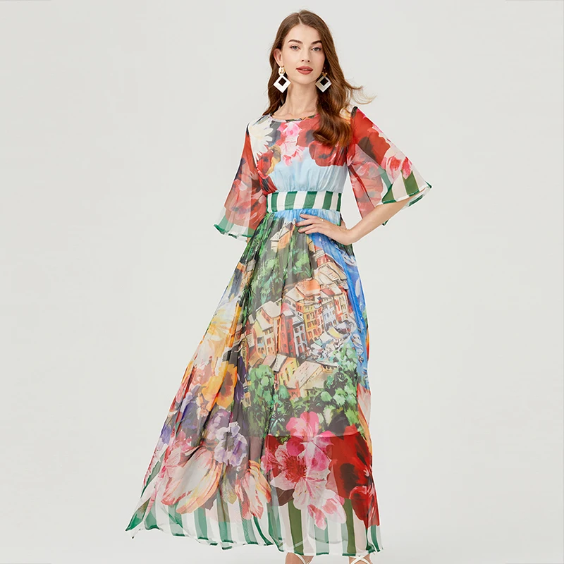 

Runway Fashion Summer Long Print Chiffon Dress Women 2024 Designer Bohemian Style Holiday Beach Dresses Vintage Party Vestidos