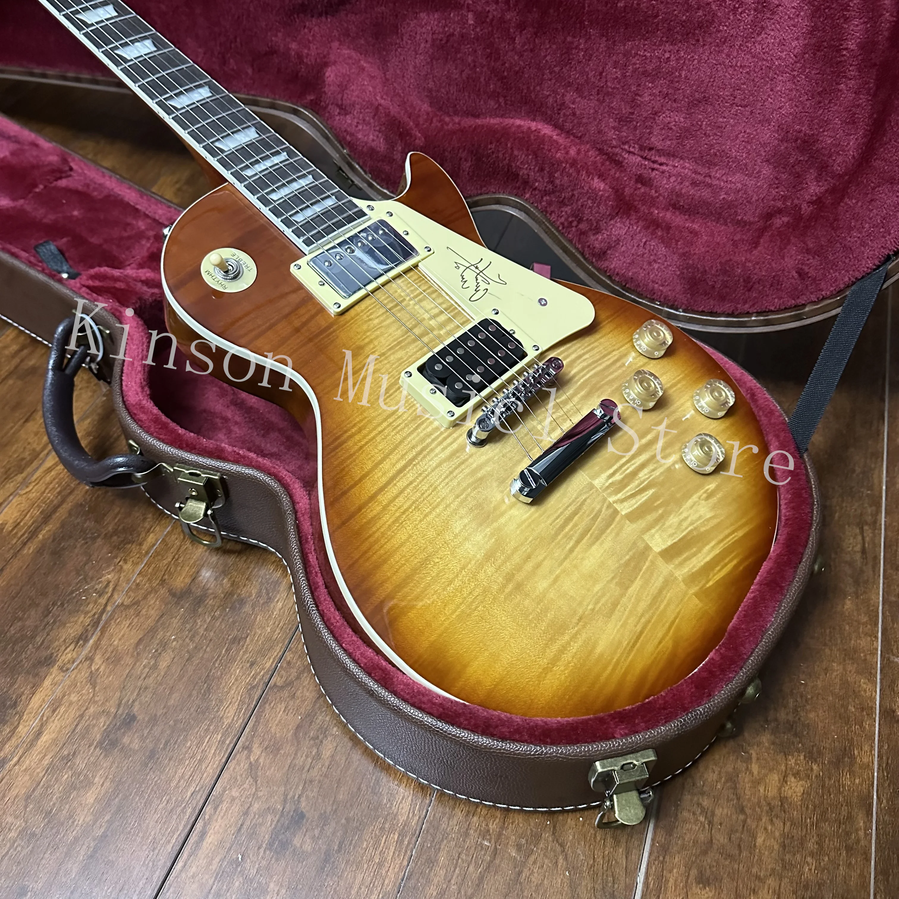 

Пользовательская электрическая гитара, шпон с узором тигра, цвет Sunburst, фингерборд из розового дерева, хромированная фурнитура, искусственная