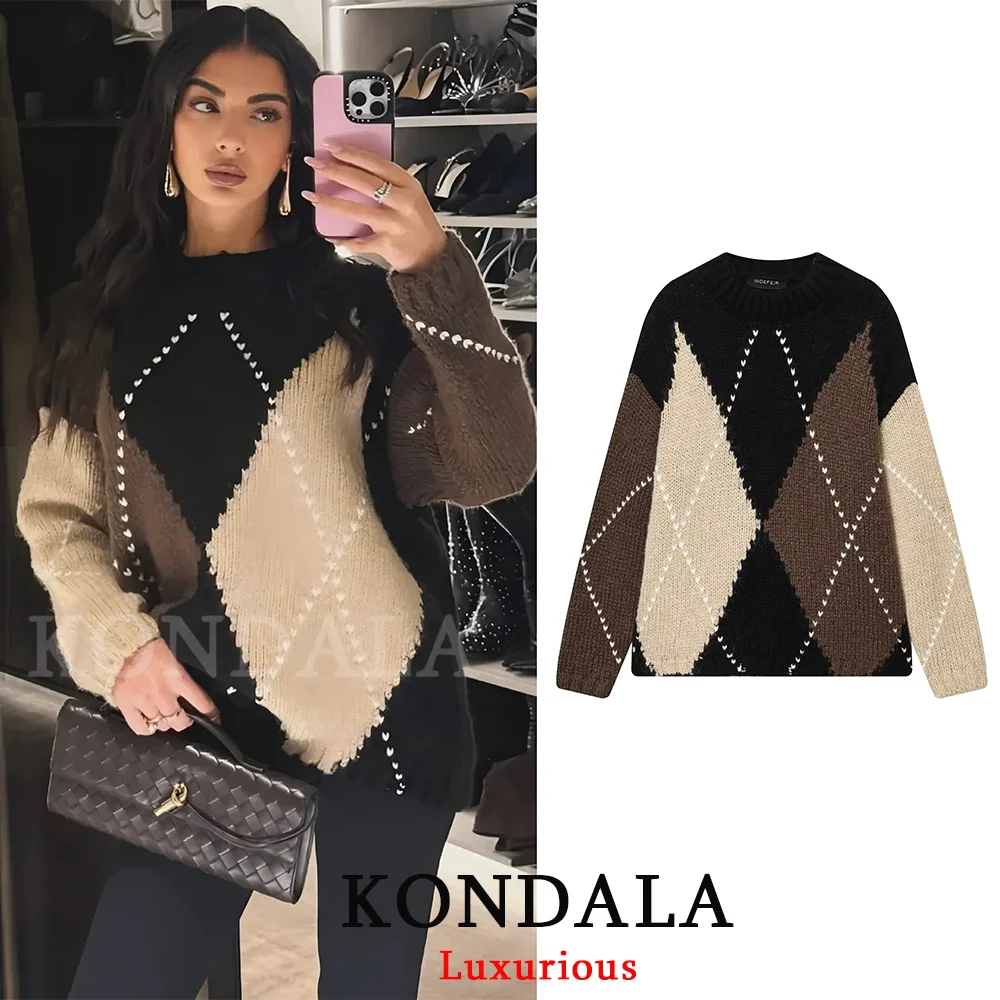 KONDALA Vintage Plaid Knit Sweaters Women Long Sleeve O Neck Loose Thick Tops Fashion 2025 Autumn Winter Thick Warm Sweaters 1