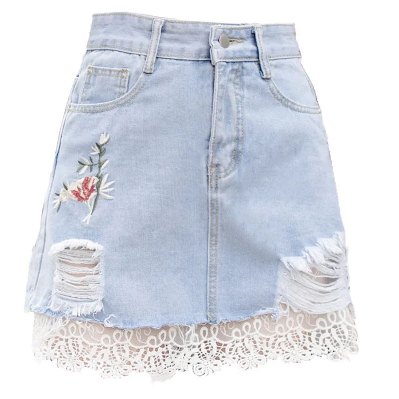 

Spring / summer anti tarnish denim skirt embroidered slim fit stitched lace high waist A-line skirt mini skirt