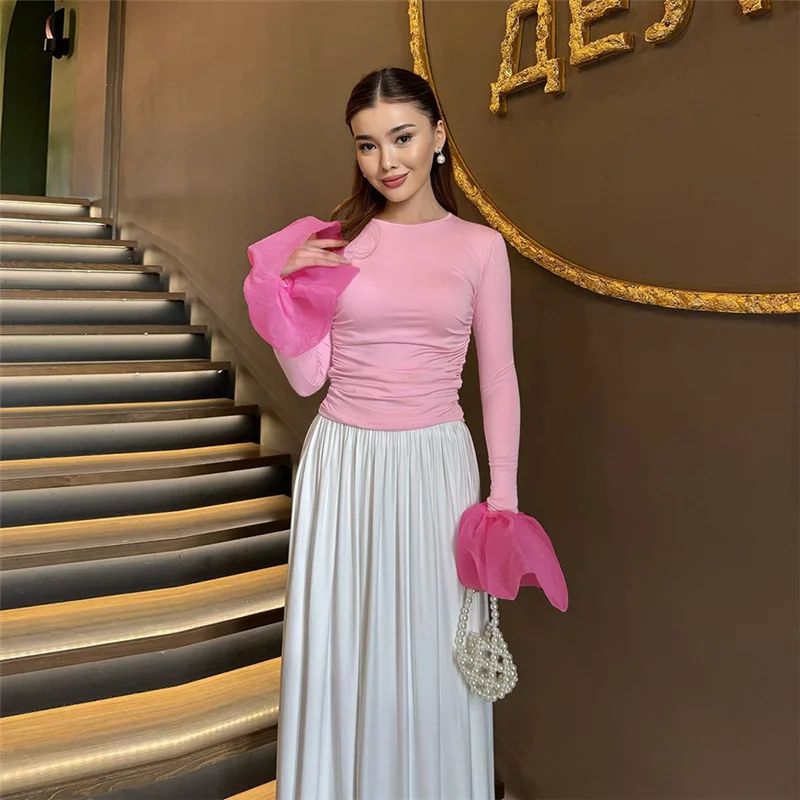 Mesh Ruffled Patchwork T-shirt Top For Women Long Sleeve High Waist Cropped Top Pullover Streetwear Female Slim Y2k Top