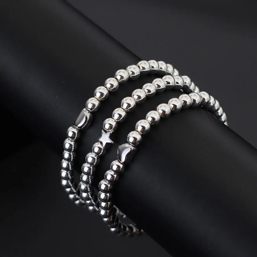 Women Beaded Stainless Steel Bracelet with Gold Silver Color Hematite Stone