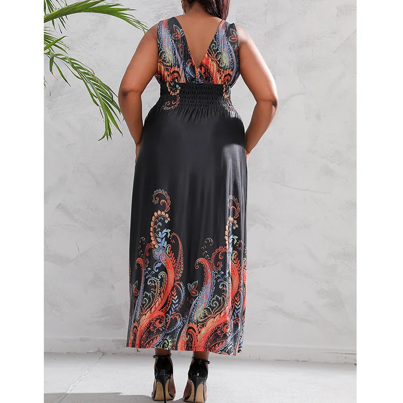 Bohemian Plus Size Clothes Deep V-Neck Multi-element Print Sleeveless Elegant Summer Ice Silk Pleated Vest Long Dress for Women