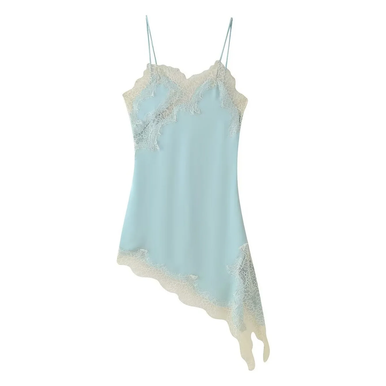 Women's Lace Paneled Camisole Dress Spaghetti Strap Asymmetrical Hem Sleeveless Backless Dress Sexy Mini Dresses Streetwear