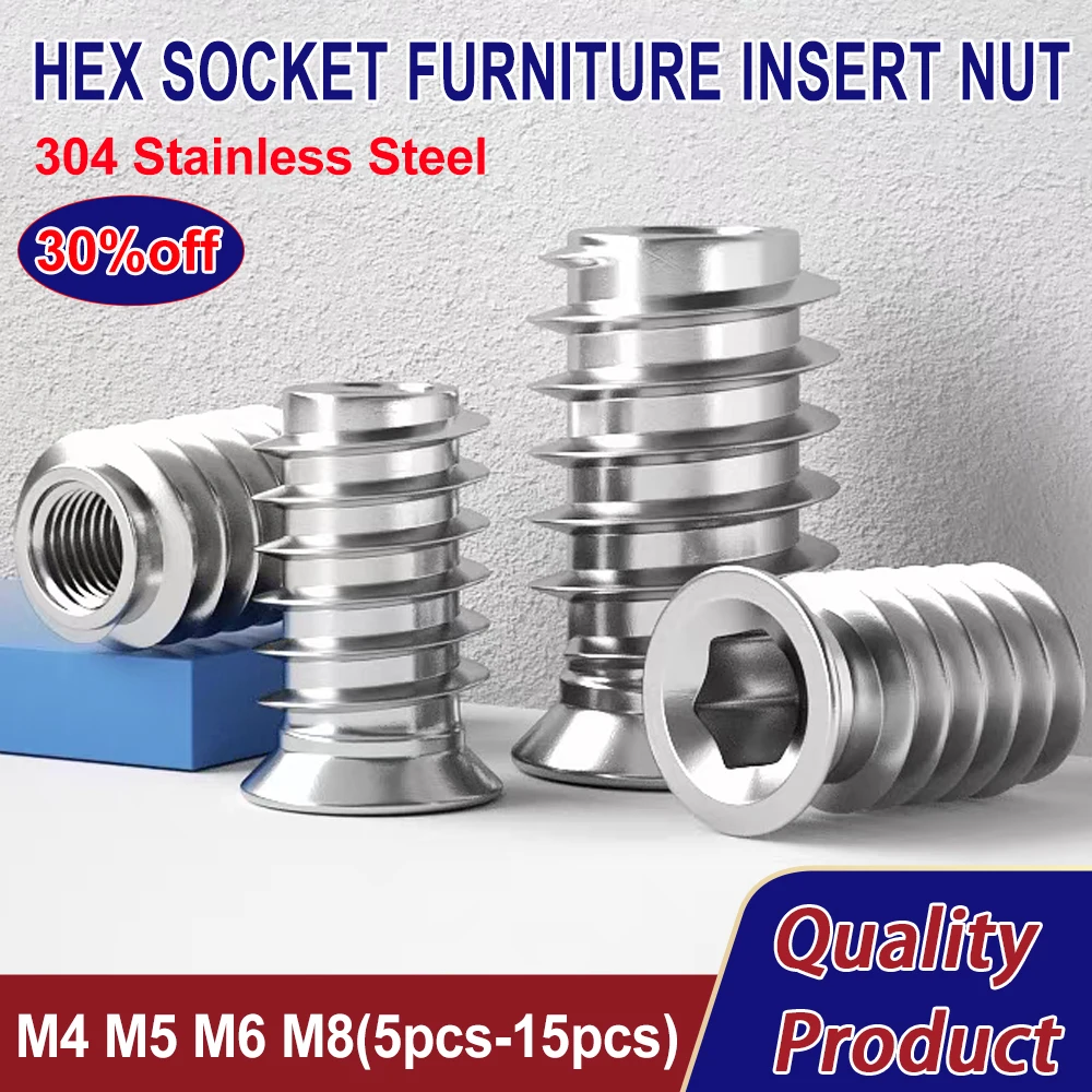Pipe Fitting 304 Stainless Steel Hex Socket Embedded Insert Furniture Nut M4 M5 M6 M8 Woodworking Wood Insertnut Table Desk Chair Bed Nutsert