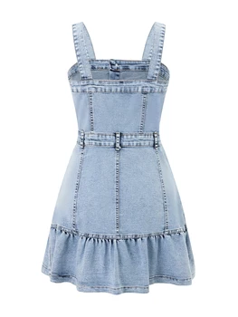 Women s Sleeveless Denim Jumpsuit with Button Up Front and Square Neckline Solid Color Overall Mini Dress for Summer Beachwear 4
