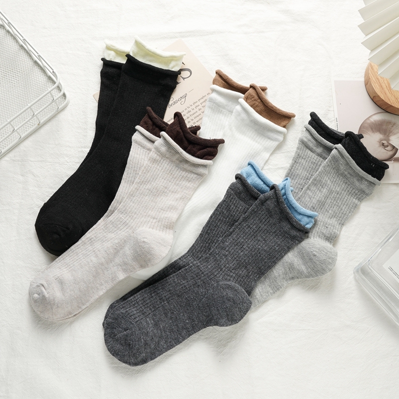 ALLTOOALL Women's Socks New Simple Solid Color Breathable Fake Two Pieces Cotton Socks Striped Fashion Autumn Middle Tueb Sock