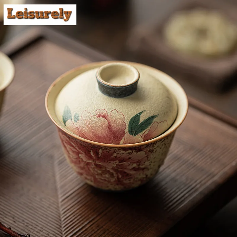 120ml Blue And White Flint Red Peony Gaiwan Elegant Tea Tureen Tea Bowl With Lid Kit Tea Maker Cover Bowl Kung Fu Tea Set Craft