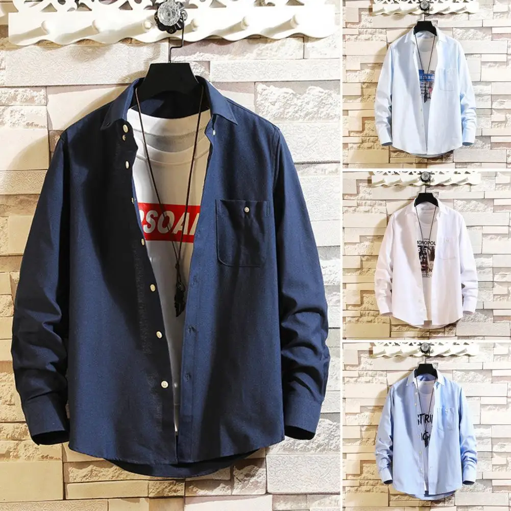 

Lapel Long Sleeve Shirt Stylish Business Shirts for Men Loose Fit Single-breasted Solid Color with Turn-down Collar for Fall