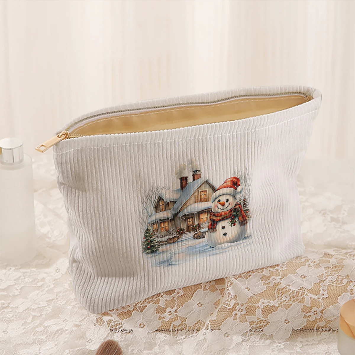 1 Christmas snowman patterned corduroy makeup bag, lightweight zipper makeup storage box, multifunctional bag with lining