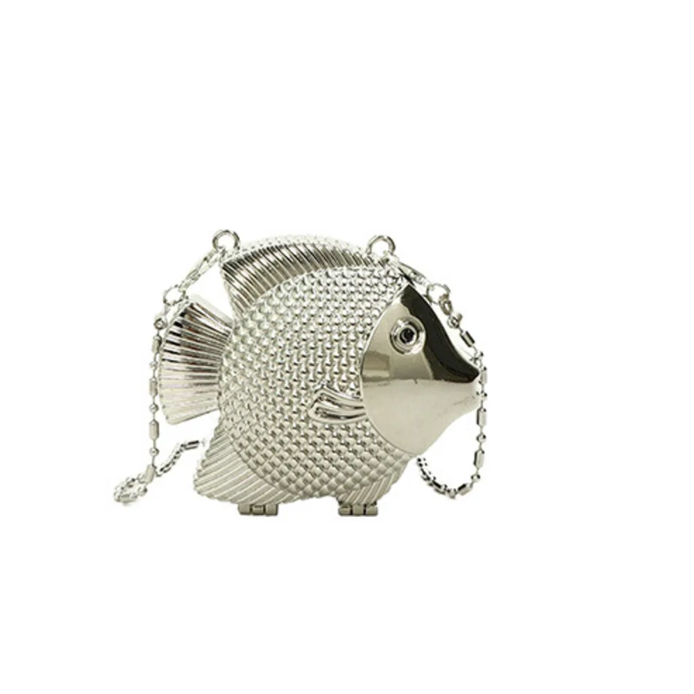 Cute Little Fish Shape Metal Mini Shoulder Crossbody Bag Lady Fashion Lipstick Bag Gold Silver Purse Handbag Evening Clutch