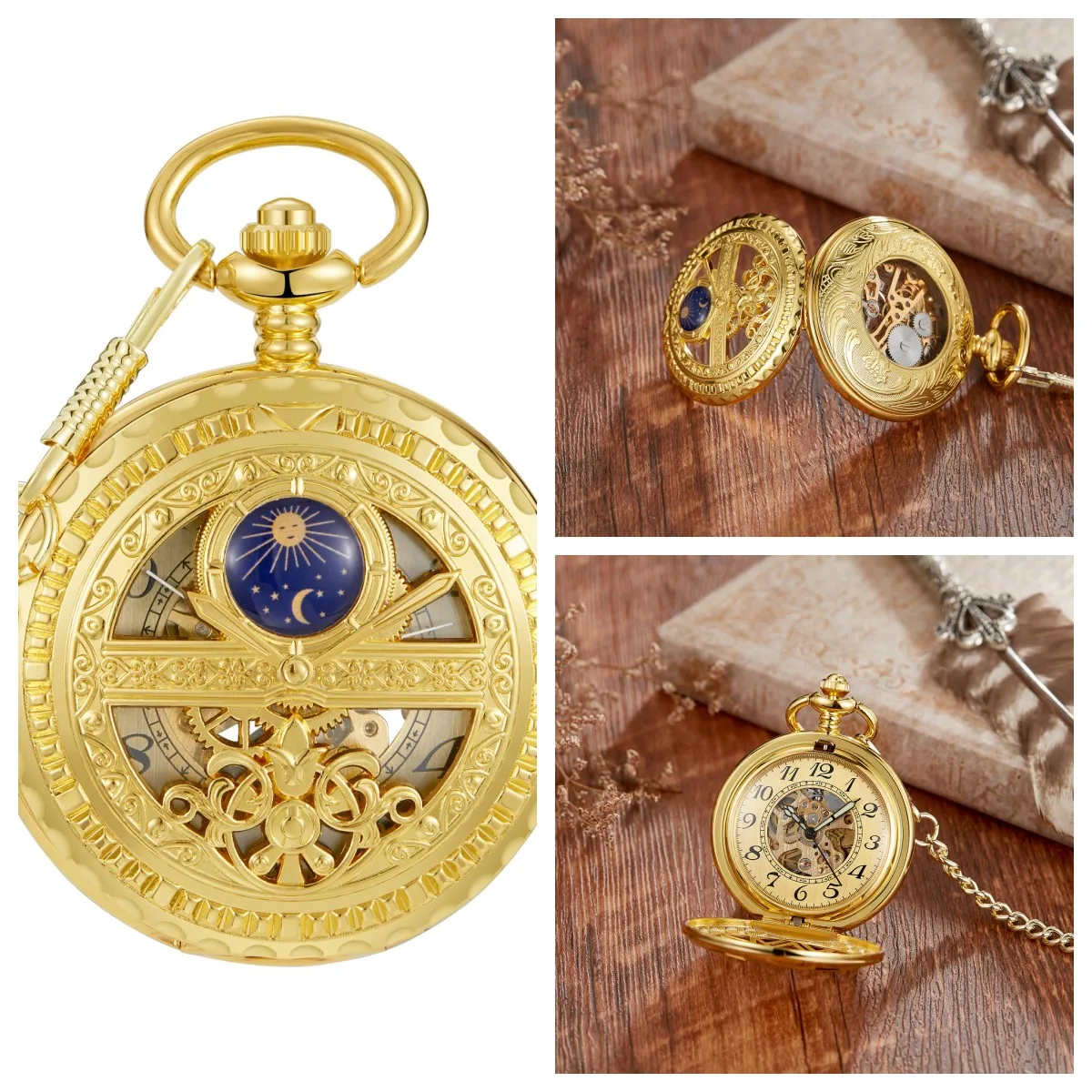 Circular Mechanical Hand Wind Pocket Watches Roman Numeral Dial Skeleton  Flip Watch Men Clock With Fob Chain Gift