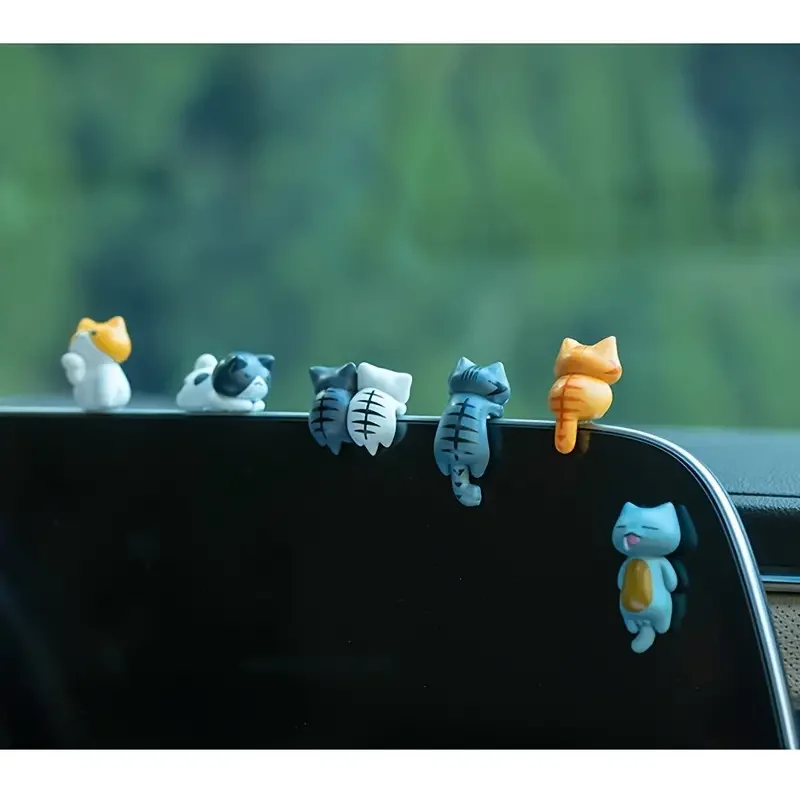 Figurines de chat de dessin animé en PVC, 6 pièces, pour tableau de bord de voiture, Pots de plantes et décor de bord d'écran