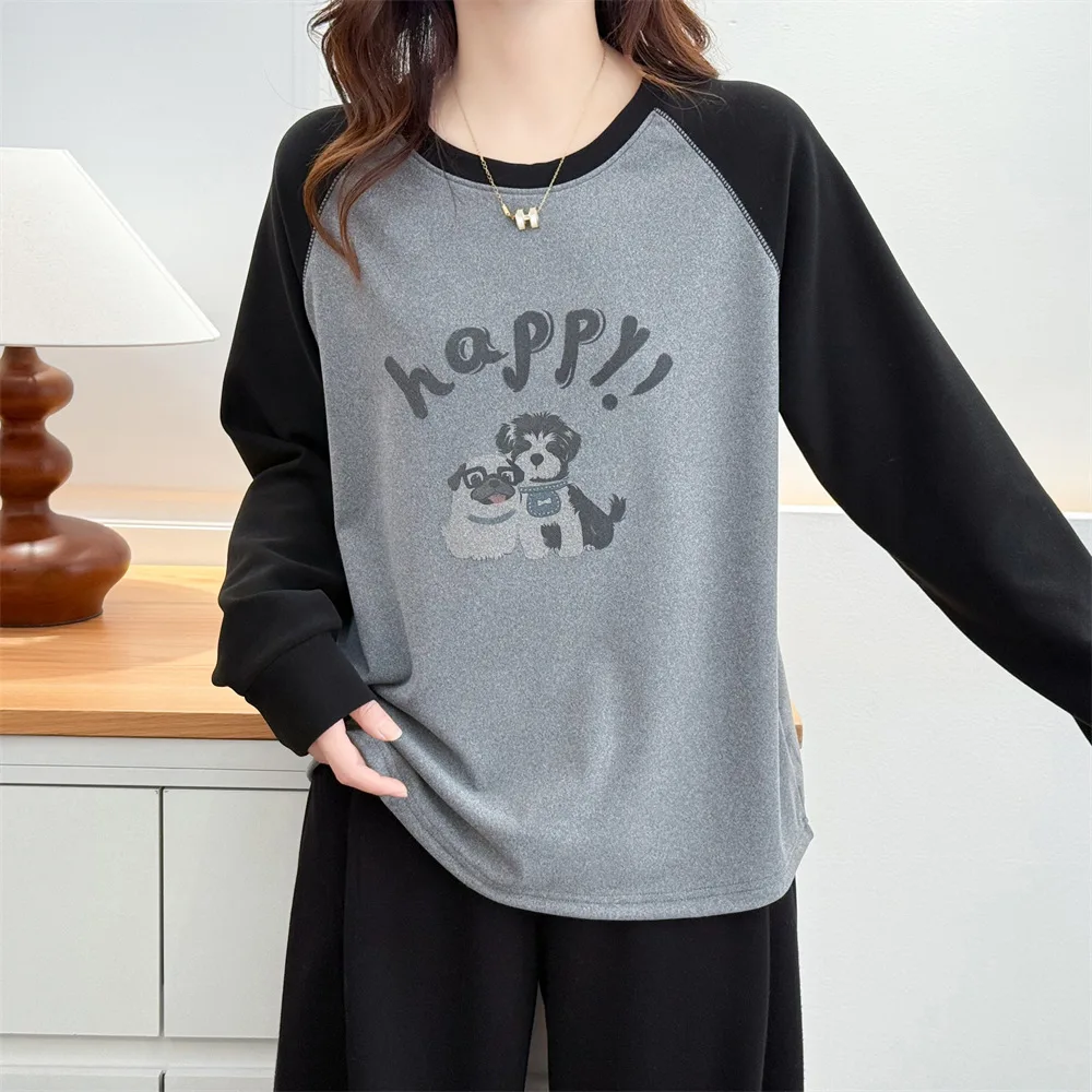 XXXXL Fashion Plus Size Women's T-Shirt Autumn Winter Style De Velvet Warm color-blocking Printed Cartoon Thickened Inner Top