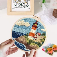 20X20CM Sailing Lighthouse Scenery Punch Needle Frame Modern Artwork  Cloth For Punch Needle Gift Beginner Embroidery Kit 2