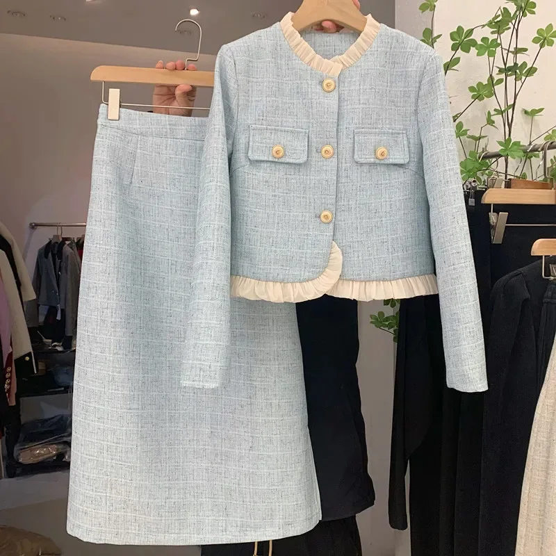 

Женский элегантный блестящий костюм для выпускного вечера, жакет и длинная юбка, комплект из двух предметов, одежда сезона осень-зима 2023, женская одежда для французской рабочей одежды