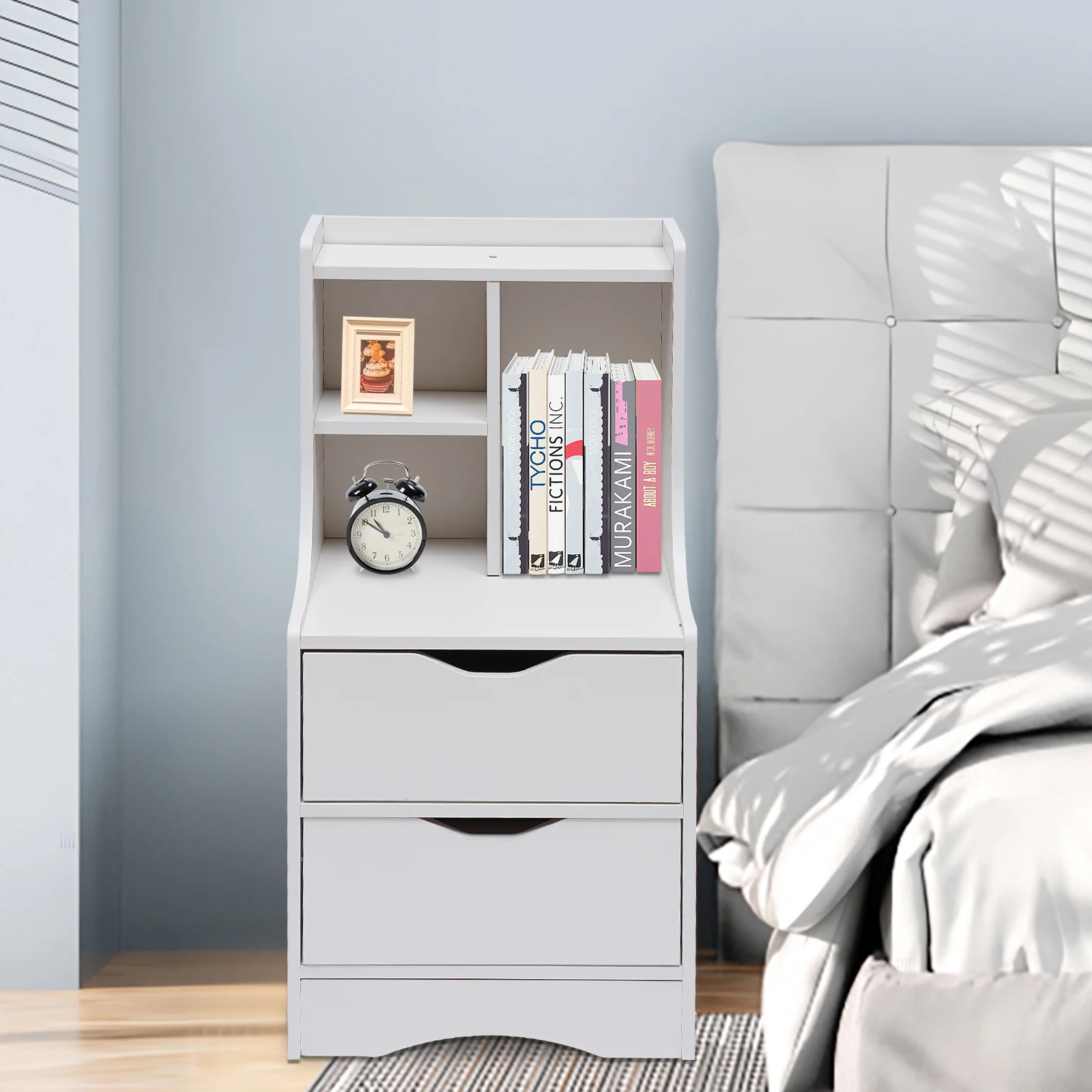 

Wood End Table with Storage Shelf 2 Drawers Nightstand Side Table Cabinet Bedside Furniture for Bedroom Living Room Home