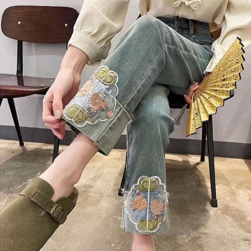 

Embroidered Denim Trousers Women's Spring Summer Thin High Waisted Slim New Jeans Chinese Straight Leg Ankle Length Pantalones