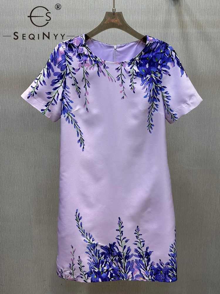 

SEQINYY Purple Mini Dress Summer Spring New Fashion Design Women Runway Short Sleeve Vintage Flowers Print Casual High Street