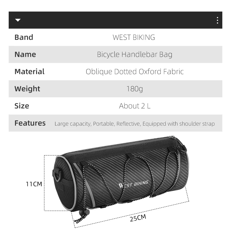 WEST BIKING Bicycle Front Bag 2L Large Capacity Waterproof Multifunctional Bike Handlebar Bag Portable MTB Road Bike Frame Bag