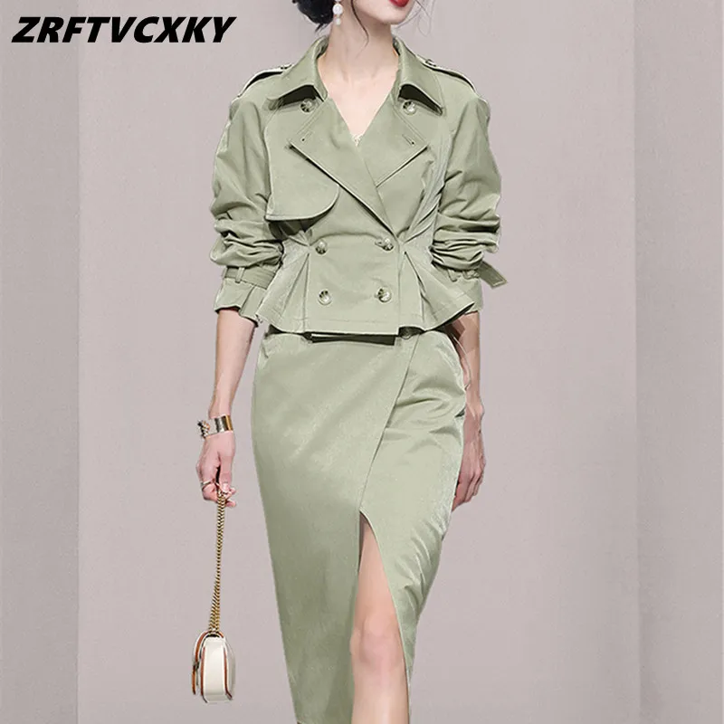 

ZRFTVCXKY Autumn Winter New Women's Korean Double-Breasted Windbreaker Coat+Chic Slim Split Pencil Ladies Simple Two Piece Set