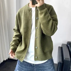 Casual Sweater Mens Knitted Cardigan Fashion Pockets Buttoned Crew Neck Sweatercoat Men Fall Trend Solid Color Knitting Jackets