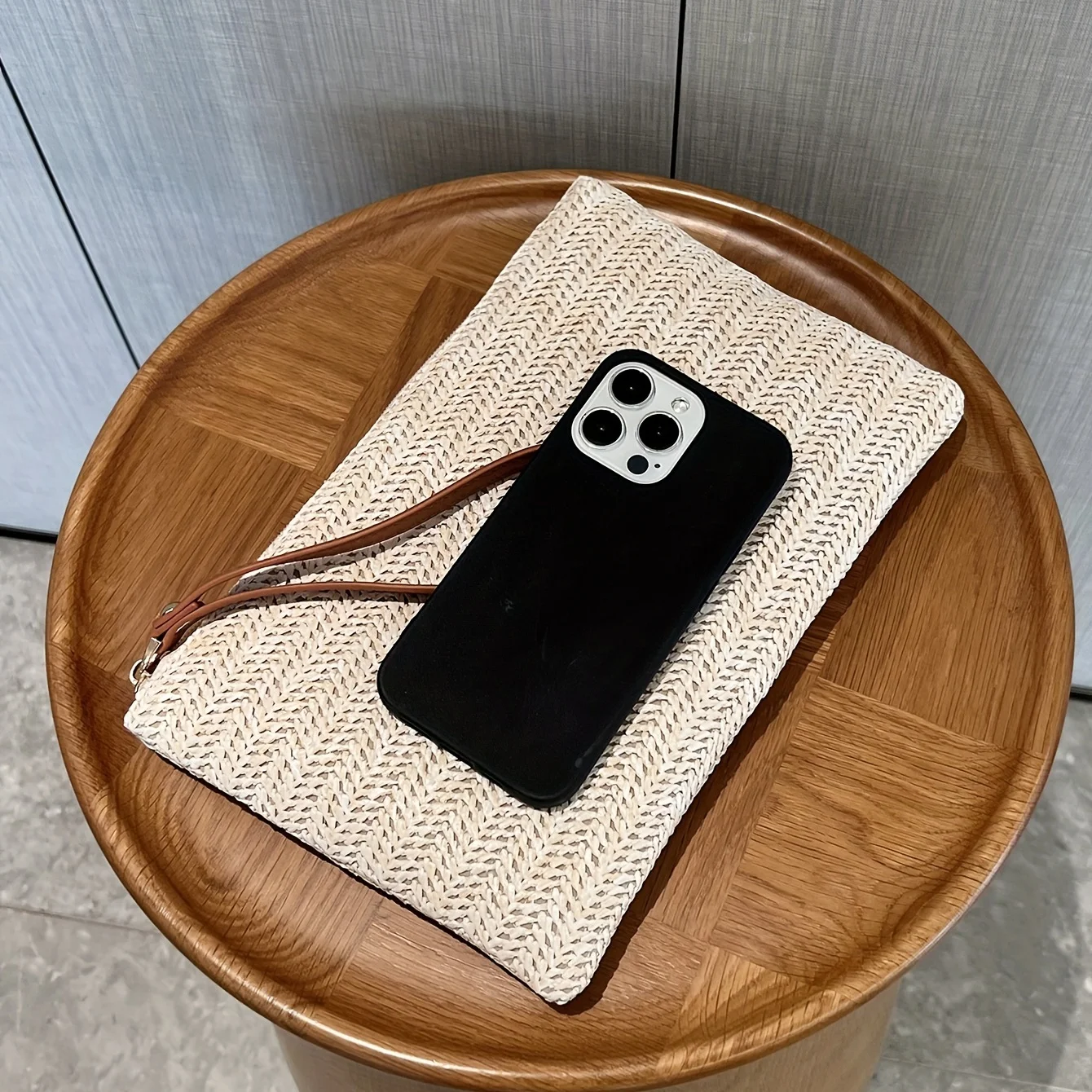 Straw Woven Clutch Bag, Trendy Braided Waist Purse, Women's Zipper Handbags for Phone Coin Key, Lady's Ultra Thin Straw Bag