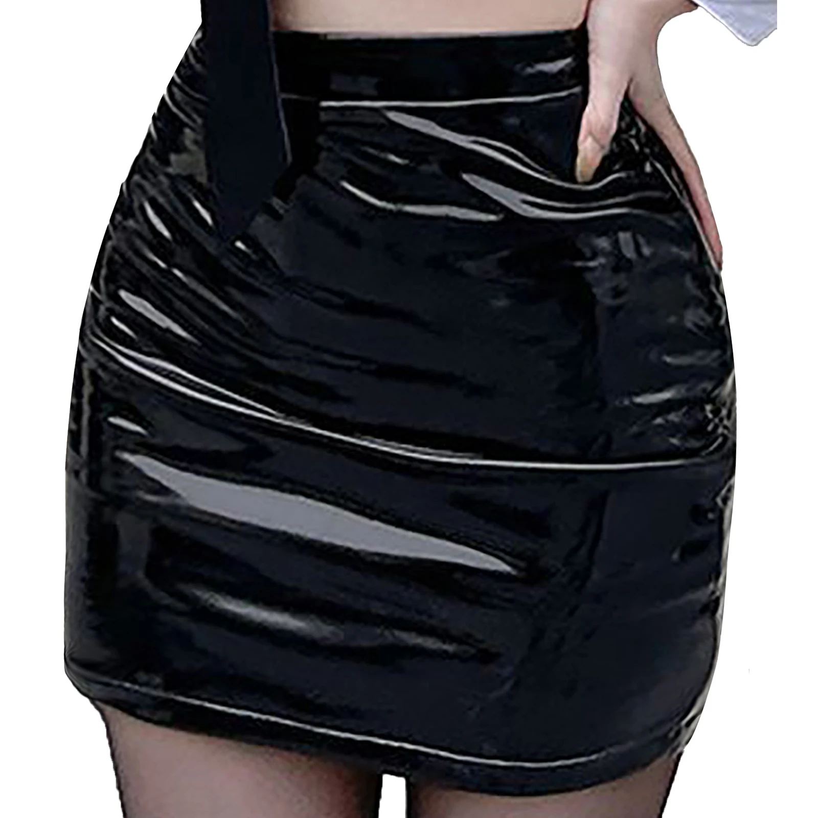 Womens Latex Mini Skirts Leather Pencil Short Skirts Wet Look High Waist Skinny Bodycon Miniskirts for Cocktail Party Nightclub womens latex long skirts metal buckle pencil skirt wet look patent leather highwaist bodycon skirts for party nightclub festival