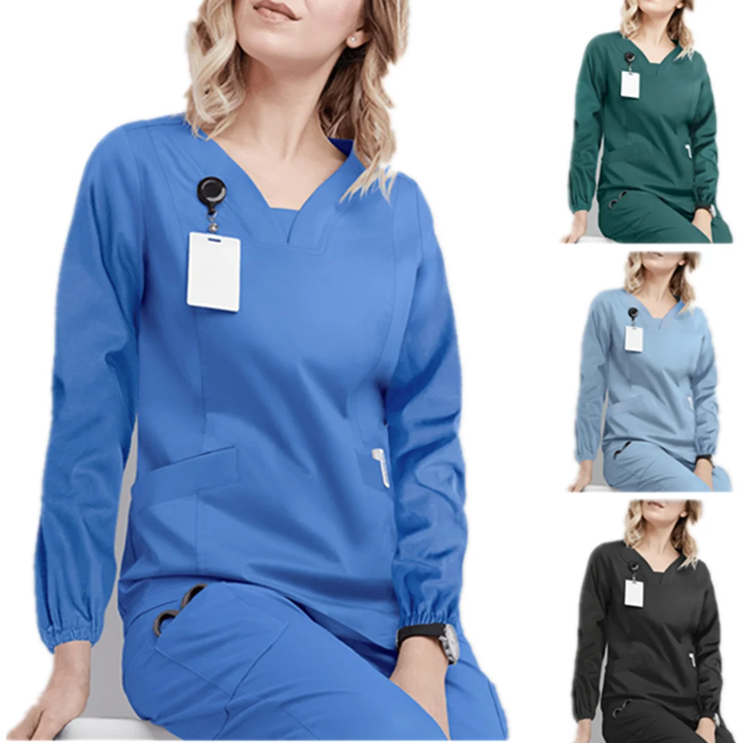 Women's Long Sleeve V-neck Pocket Workers T-shirt Tops Care Lowest price challenge Max 45% OFF