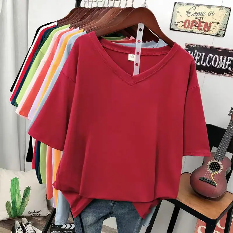 DAYIFUN-Women's Monochromatic Short Sleeve T-shirts Female V-Neck Tops Loose Casual Summer Plus Size Tees 5XL 110KG Lady Tshirts