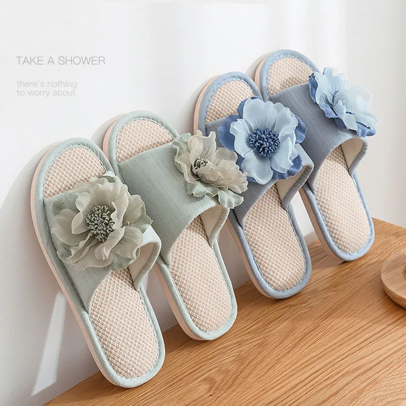 

Тапки женские домашние из хлопка и льна, мягкие дышащие шлепанцы на плоской подошве, Симпатичные цветочные шлепанцы