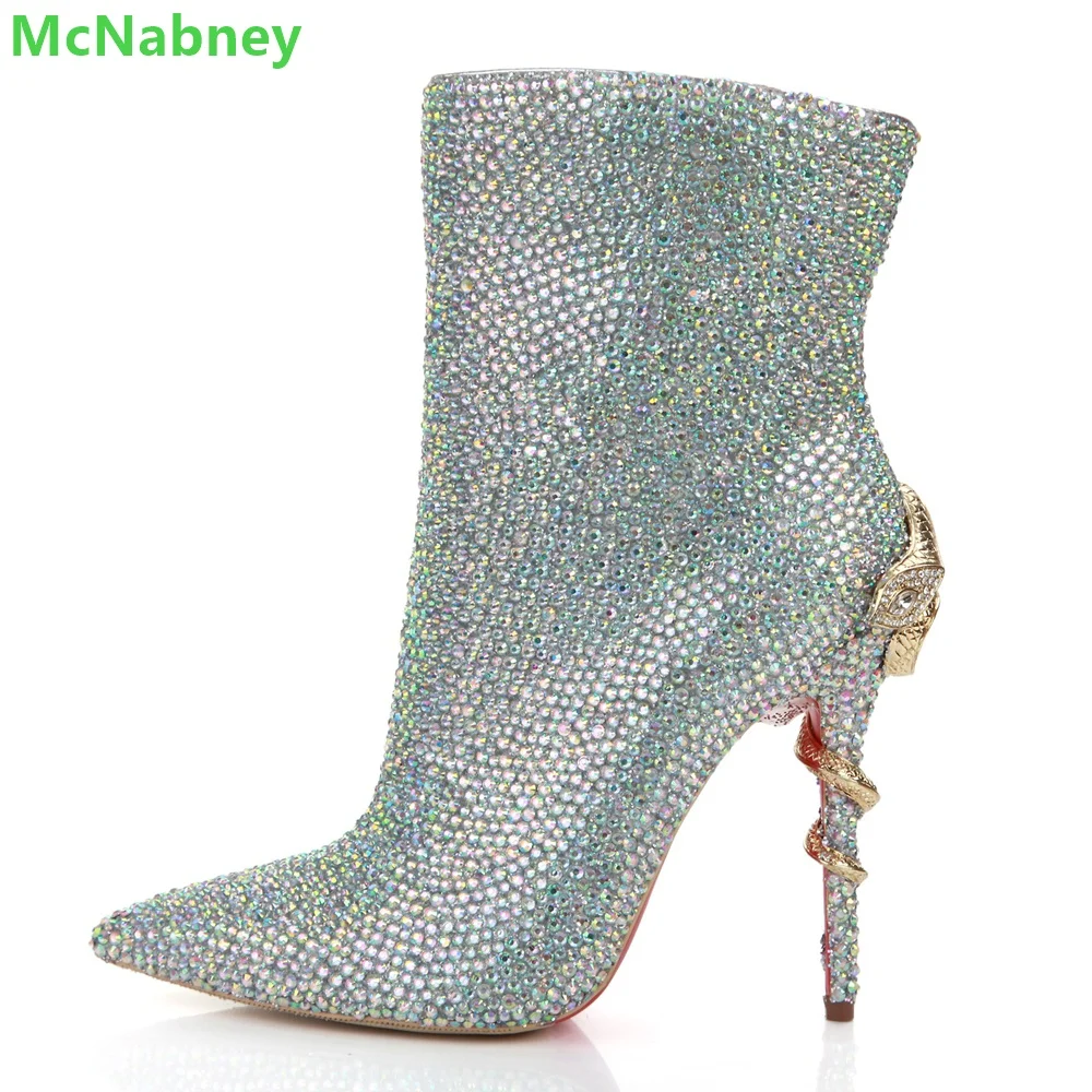

Crystal Snake Winding Thin High Heel Boots For Female Women Pointed Toe Side Zipper Handamde Luxury Short Fashion Winter Shoes